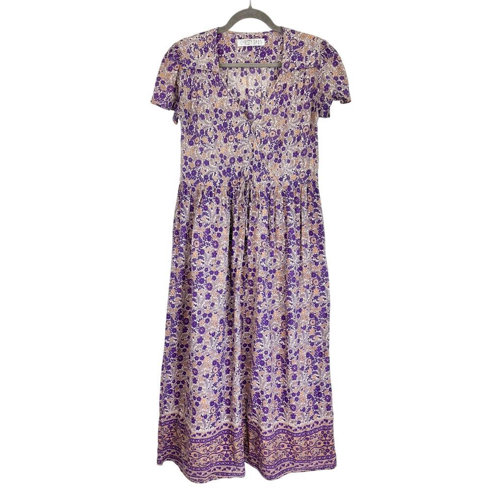 Christy Dawn Purple Indian Floral Cotton Dawn Dress Medium M